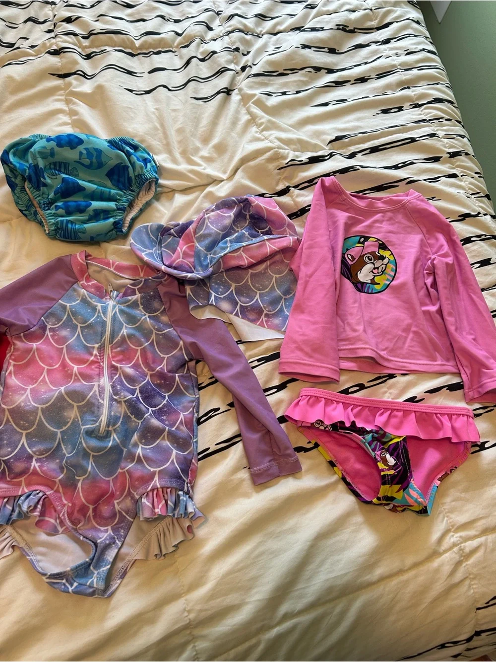 Girls' Mermaid Print Long Sleeve Swimsuit & Swim Set - Pink & Purple